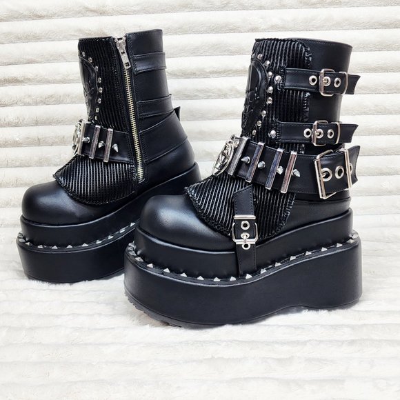 Stud & Skull Patch Black Matte Bear 150 Platform Ankle Boots Goth Punk Rave - Picture 10 of 15